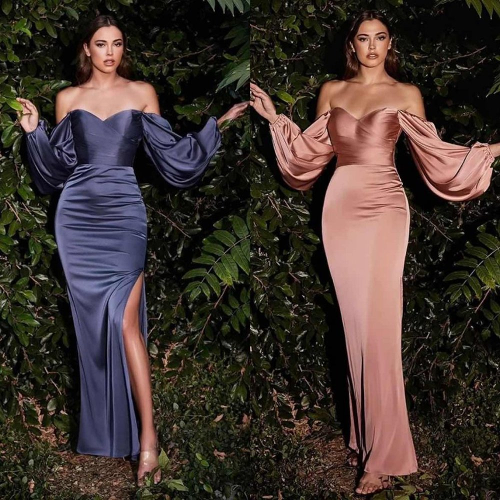 PARTY PROM SATIN  SHEATH PUFFY SLEEVES LONG Evening Dress